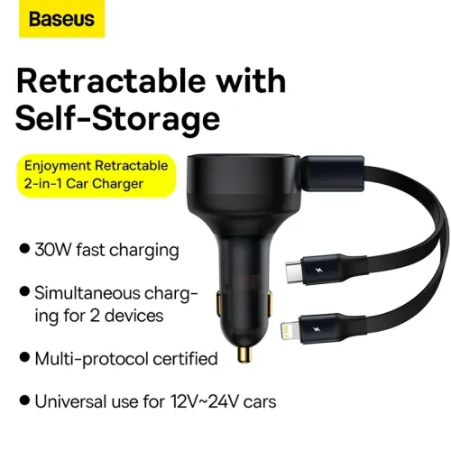 Baseus Enjoyment Retractable dual Output Type-C &amp; Lightning 30W Car Charger